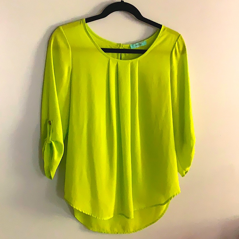 Chartreuse blouse with tabbed button sleeves
